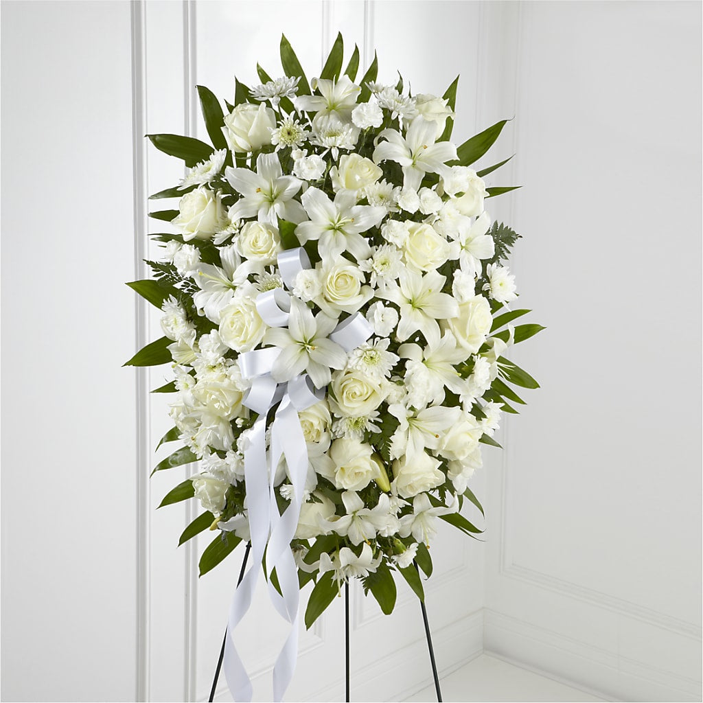 Exquisite Tribute Standing Spray-White Ribbon – Bouquet.com, Tontitown AR