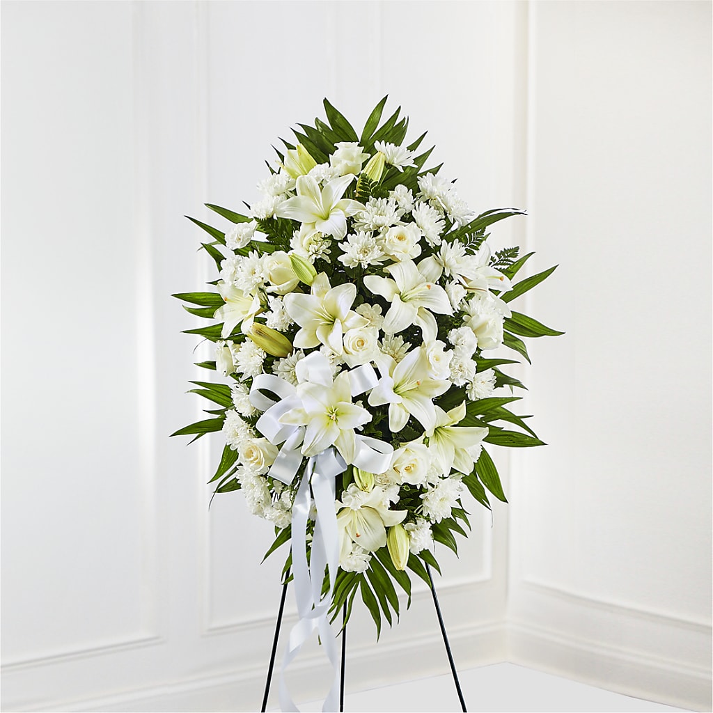 Exquisite Tribute Standing Spray-White Ribbon – Bouquet.com, Tontitown AR